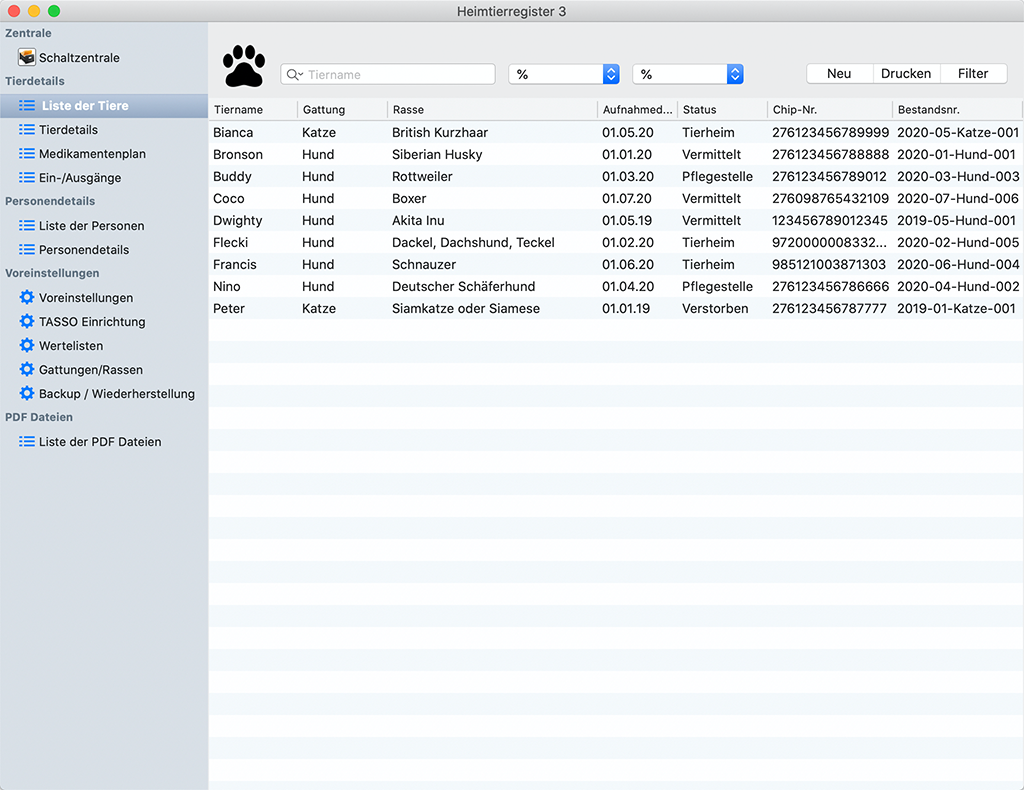 Liste der Tiere
